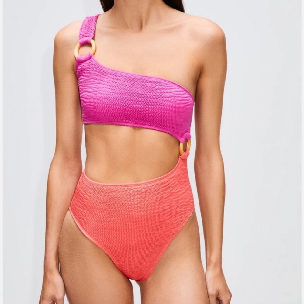 Pink and Orange One-Shoulder Women Swim One Piece